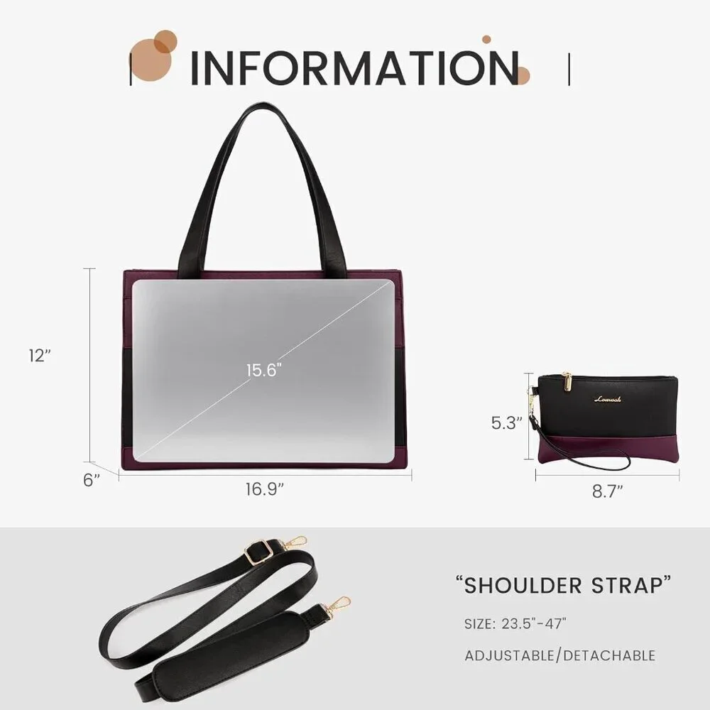 Women Laptop Tote Bag 15.6 Inch Leather Waterproof Organizer Work Office